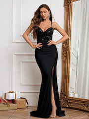 Suspended Backless Sequin High Slit Long Dress in Burgundy | Elegant Evening Gown