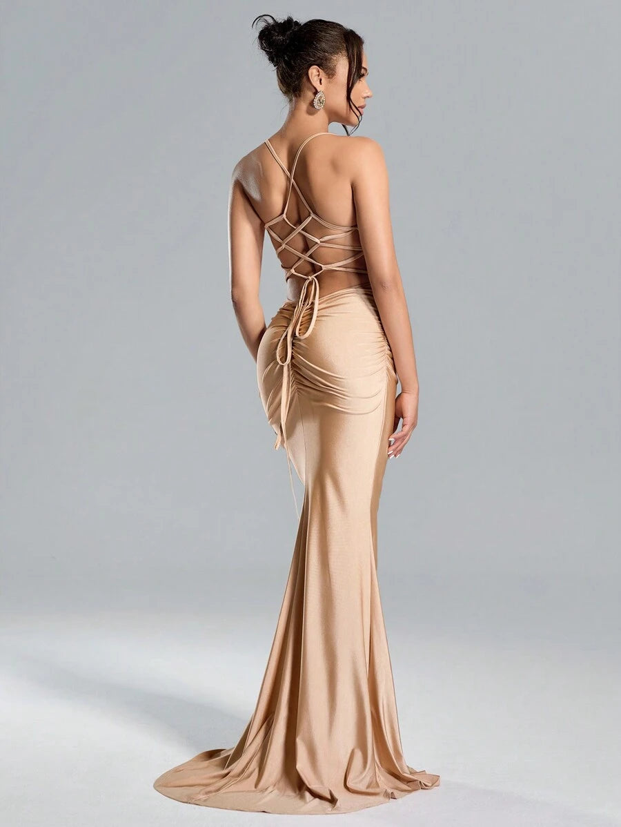Suspended Backless Sequin High Slit Long Dress in Burgundy | Elegant Evening Gown