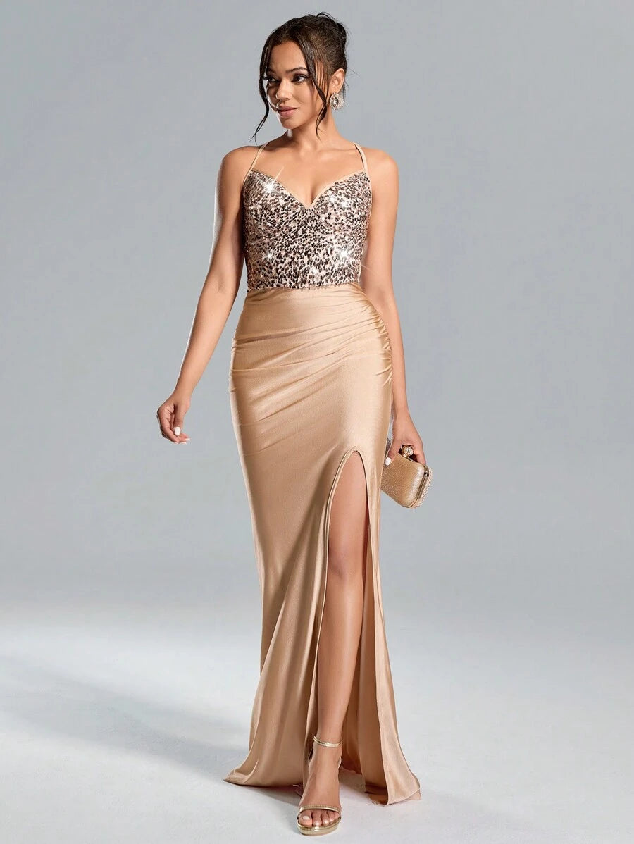 Suspended Backless Sequin High Slit Long Dress in Burgundy | Elegant Evening Gown