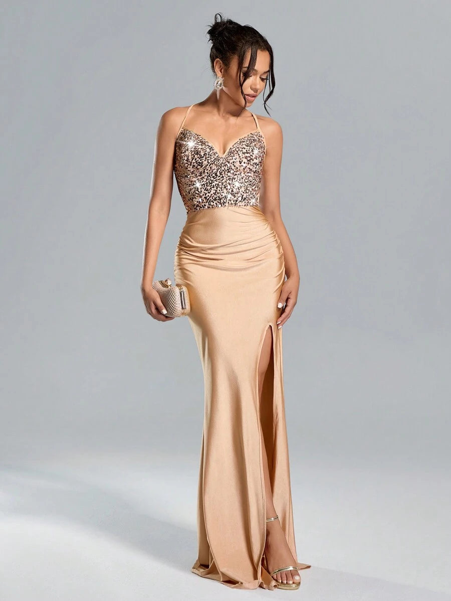Suspended Backless Sequin High Slit Long Dress in Burgundy | Elegant Evening Gown