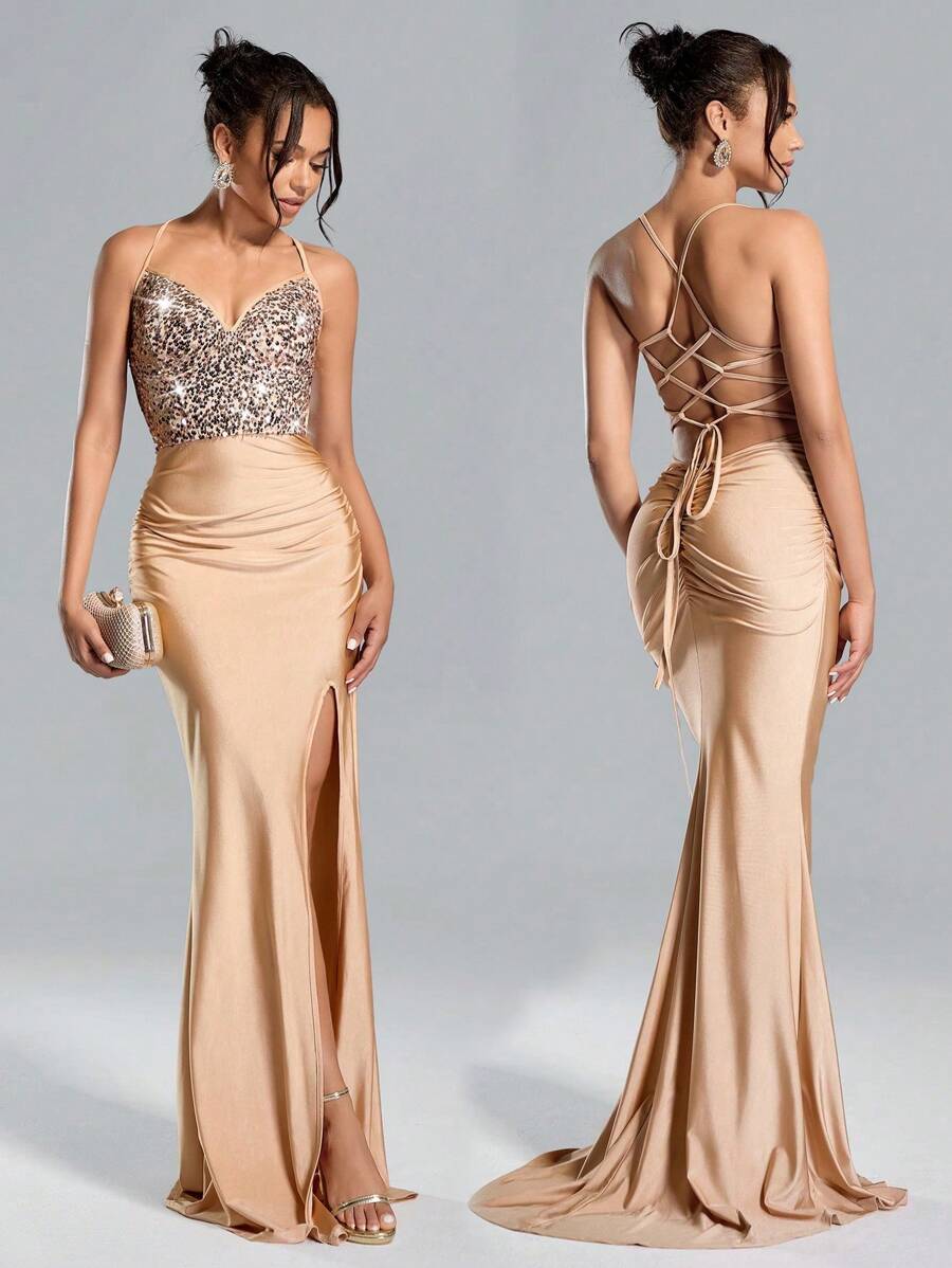 Suspended Backless Sequin High Slit Long Dress in Burgundy | Elegant Evening Gown