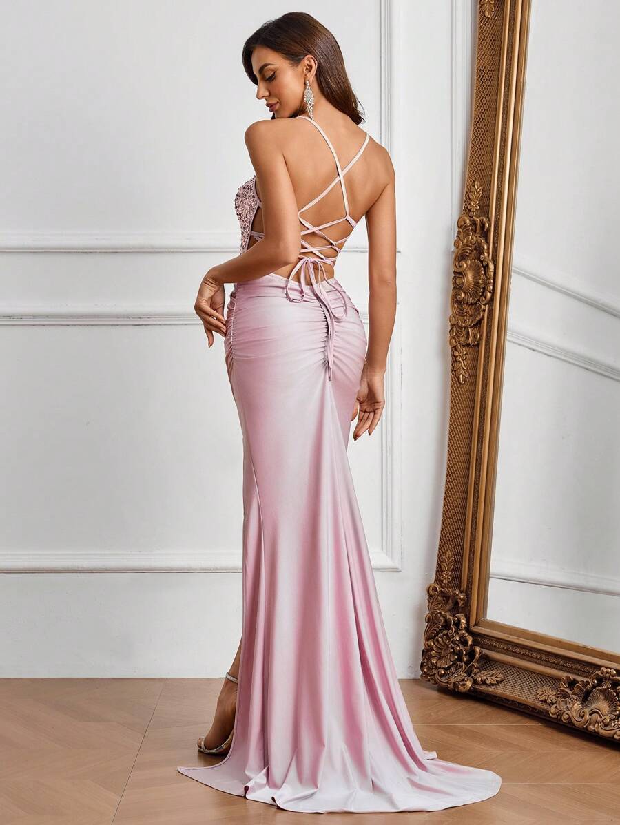 Suspended Backless Sequin High Slit Long Dress in Burgundy | Elegant Evening Gown