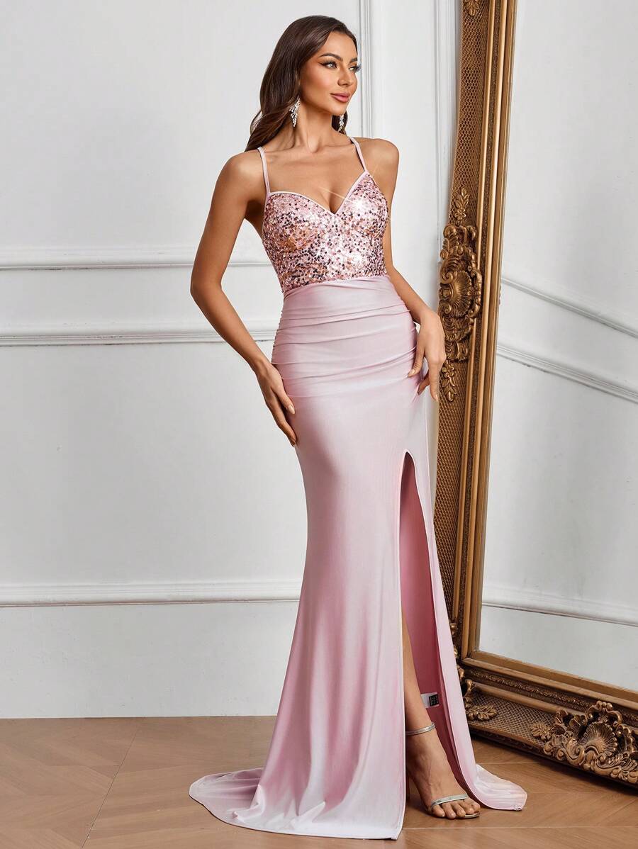 Suspended Backless Sequin High Slit Long Dress in Burgundy | Elegant Evening Gown