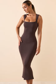 Square Neck Midi Dress in Chocolate Brown