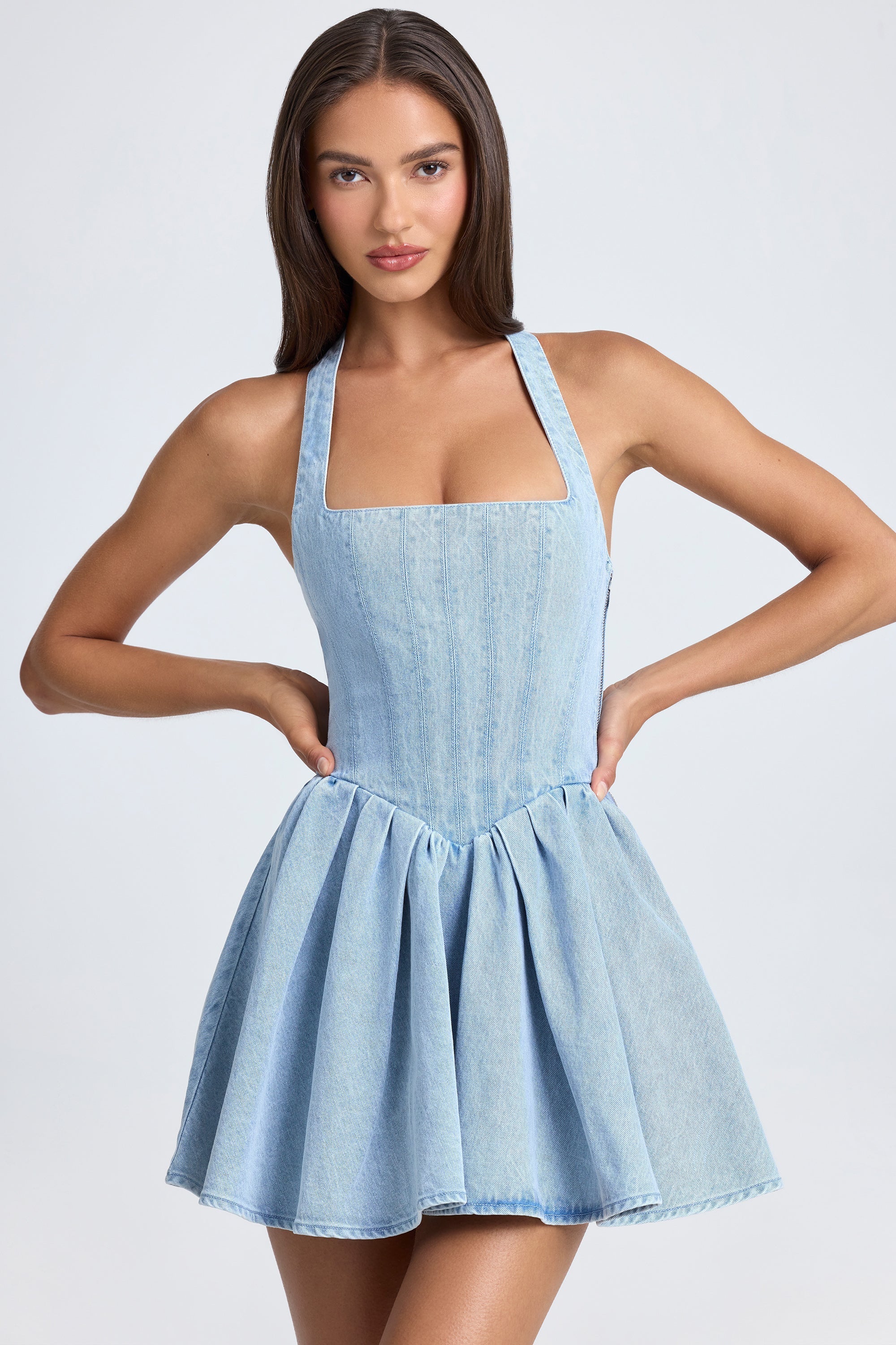 Halterneck Corset Micro Mini Dress in Light Blue Stonewash