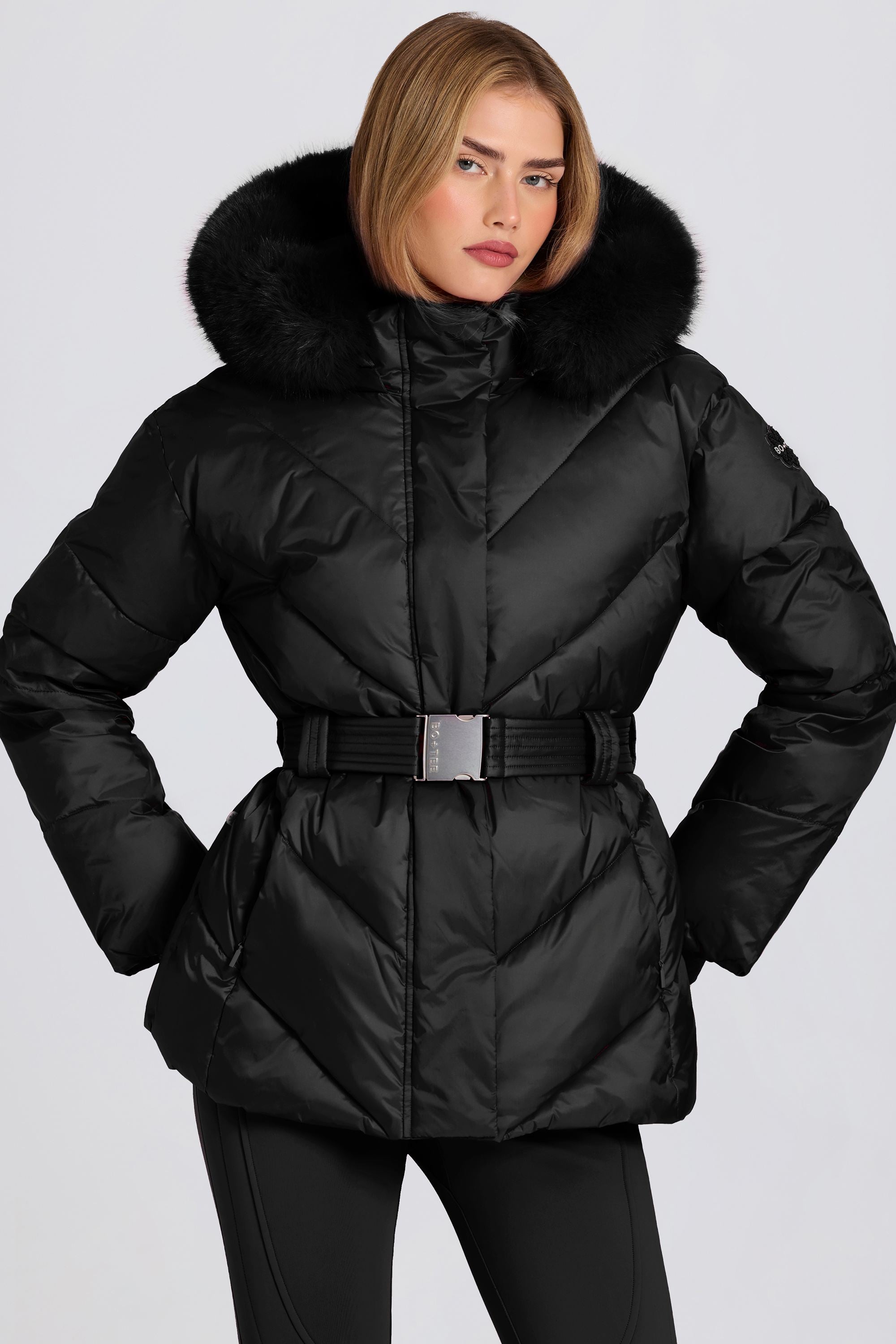 Waterproof Faux-Fur Hood Ski Jacket in Black