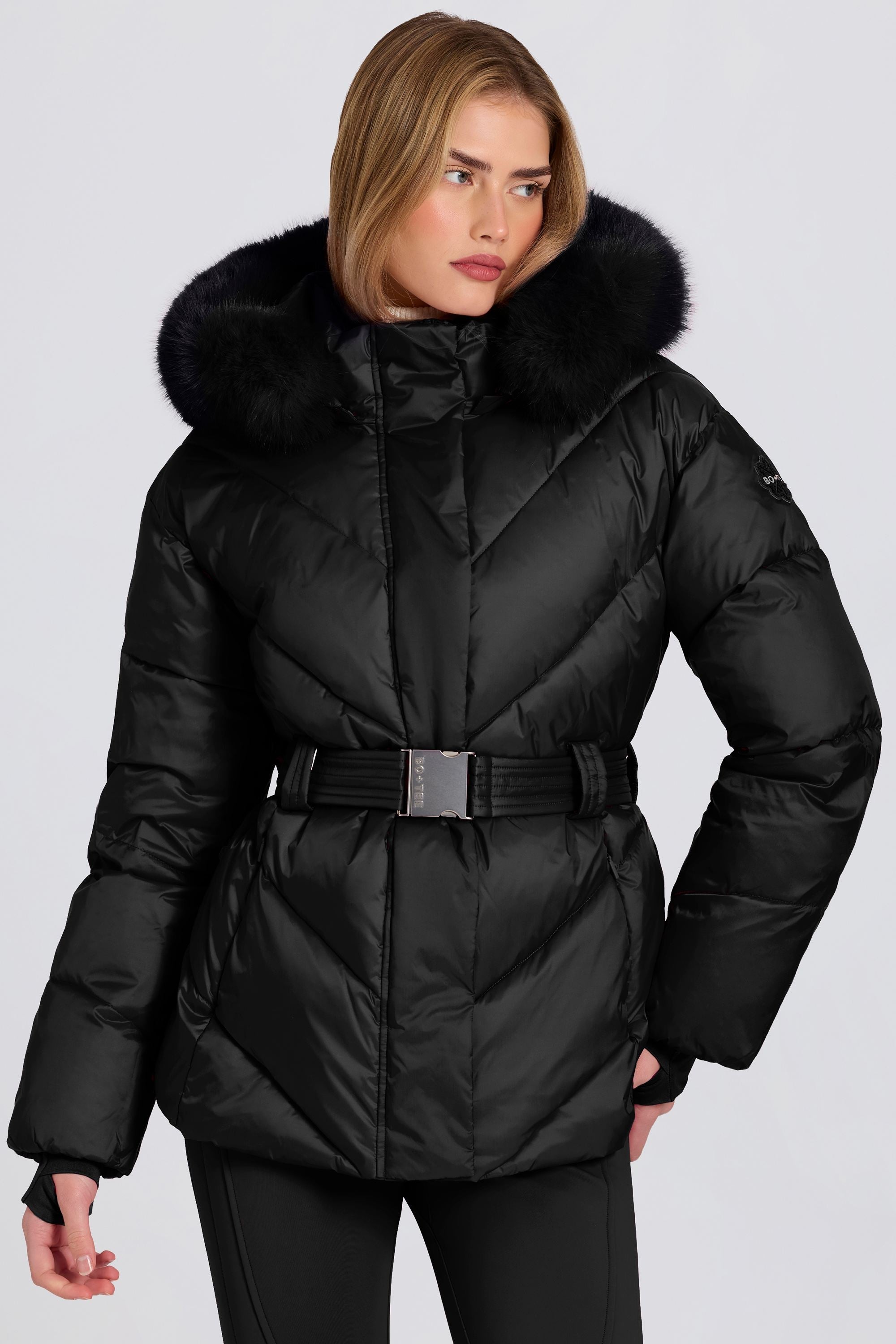 Waterproof Faux-Fur Hood Ski Jacket in Black