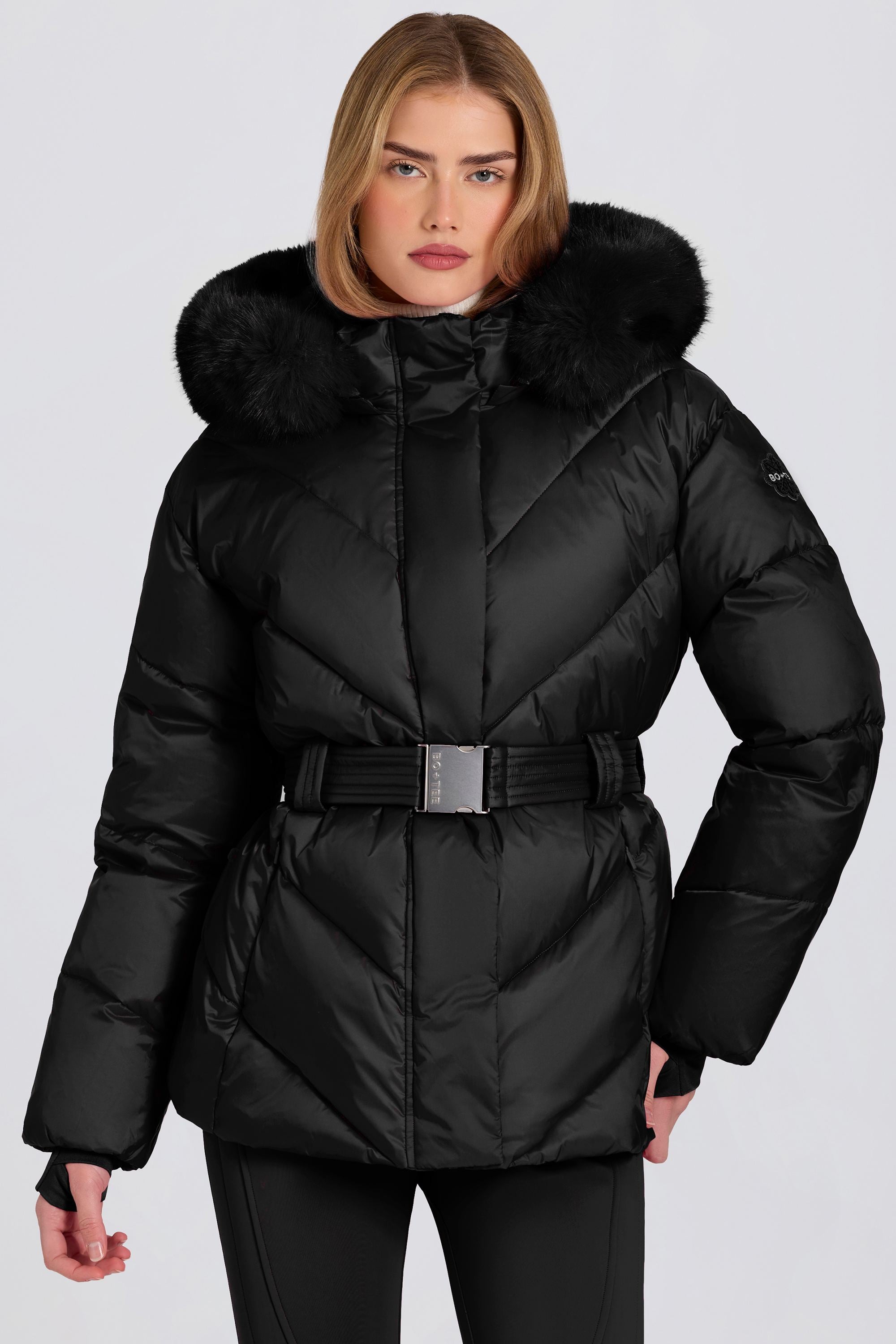 Waterproof Faux-Fur Hood Ski Jacket in Black