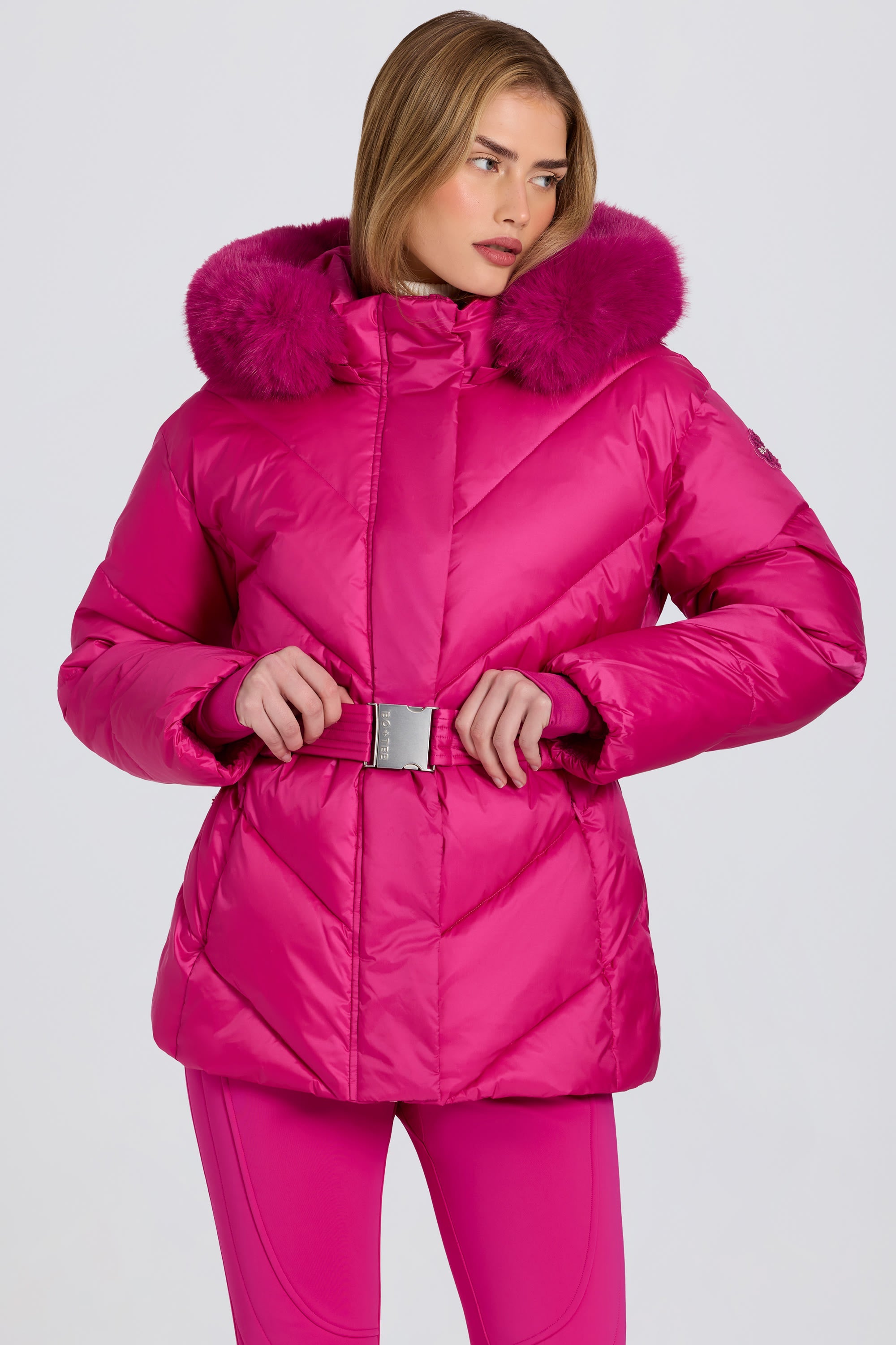Waterproof Faux-Fur Hood Ski Jacket in Magenta Pink