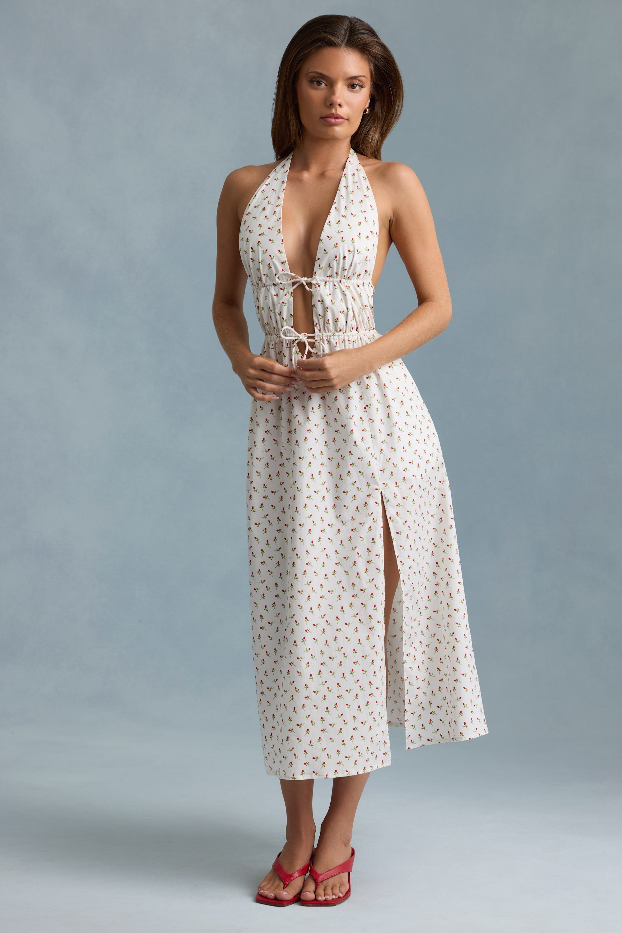 Backless Cotton-Poplin Maxi Dress in Rose Print