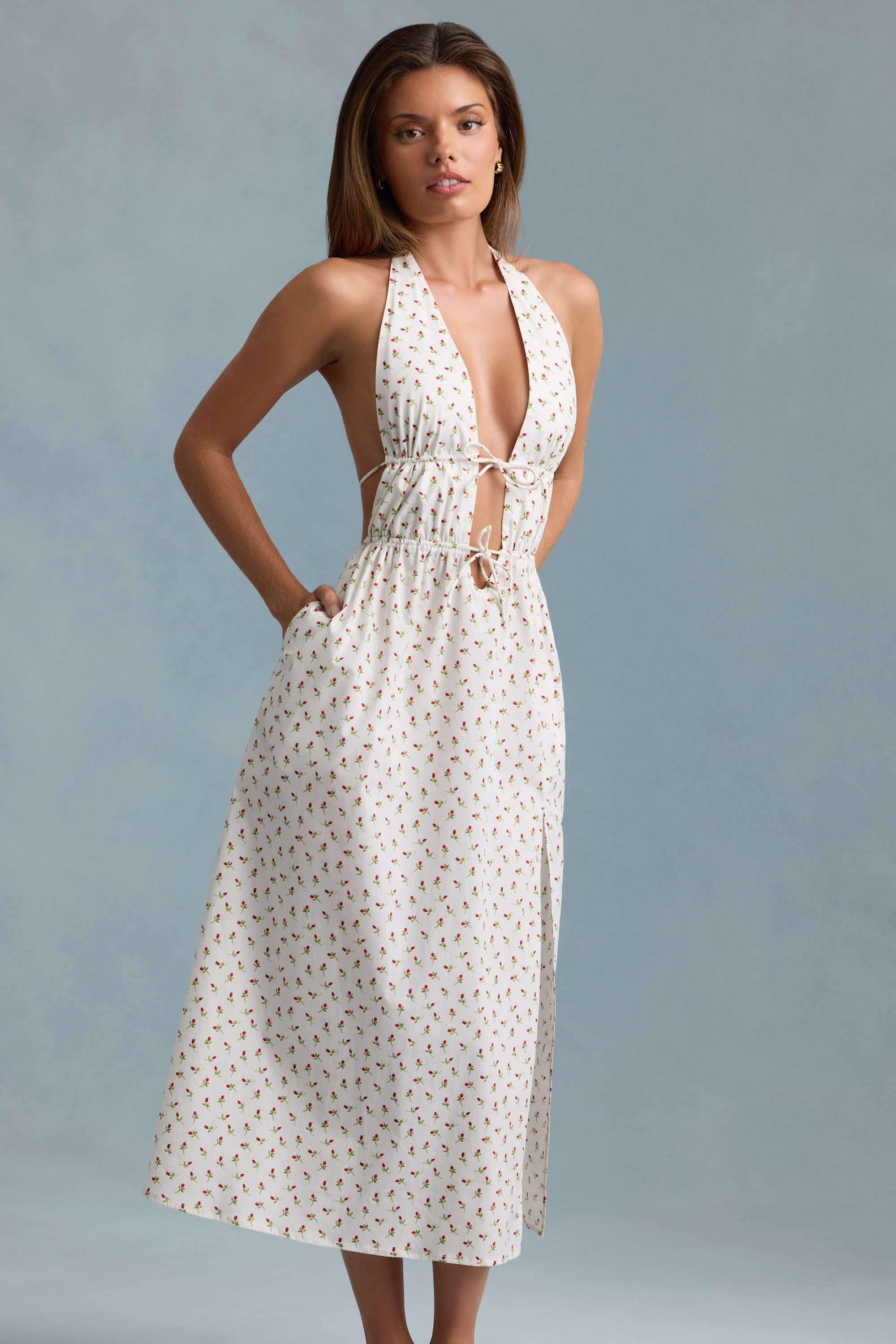 Backless Cotton-Poplin Maxi Dress in Rose Print