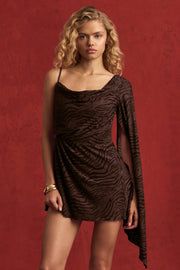 Devoré One-Sleeve A-Line Mini Dress in Dark Chocolate