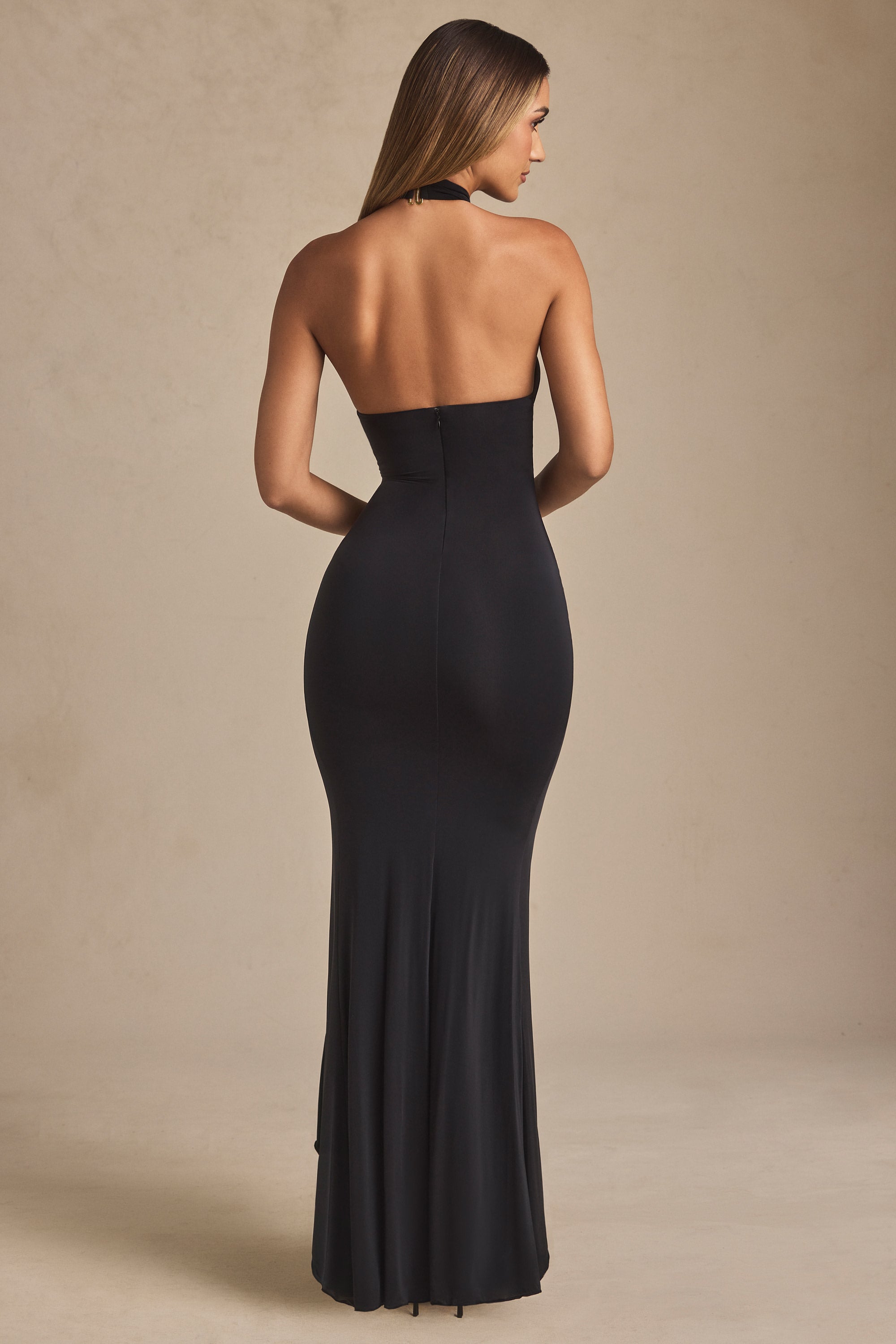 Ruffle-Trim Halterneck Gown in Black
