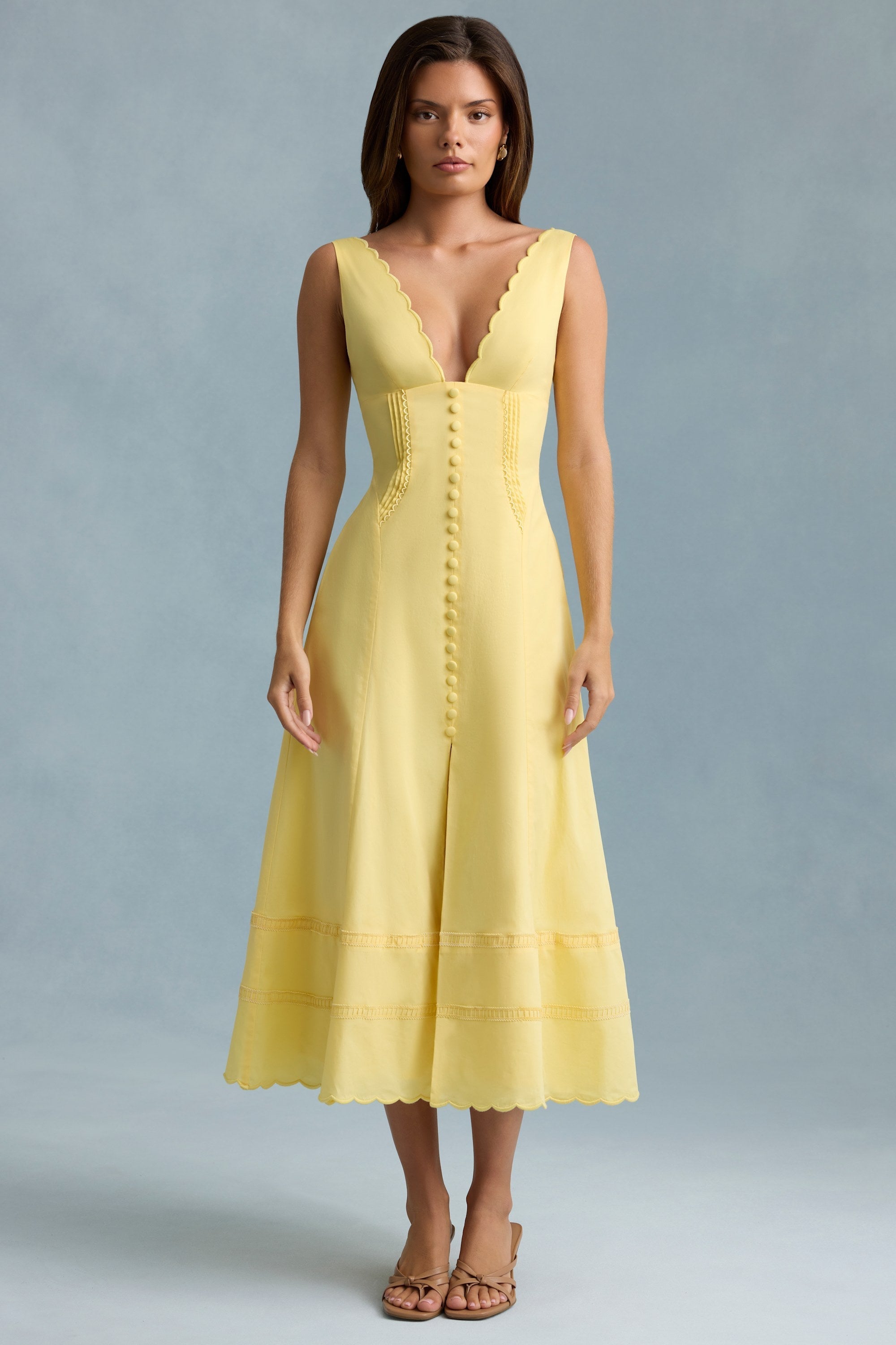 Cotton-Poplin A-Line Midaxi Dress in Pastel Yellow
