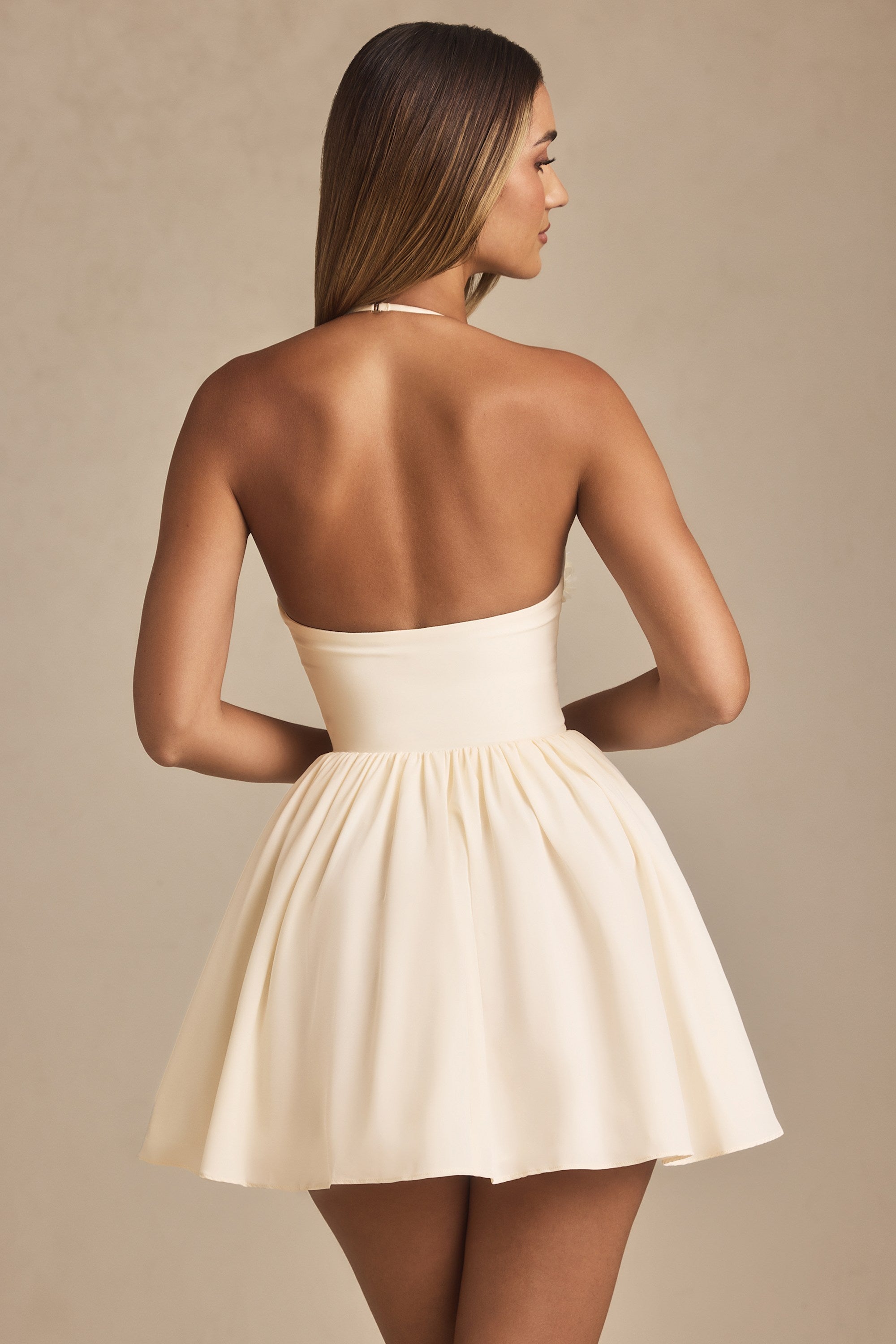 Halterneck Floral-Appliqué Corset Mini Dress in Ivory