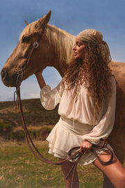 Lace-Up Balloon-Sleeve Mini Dress in Ivory