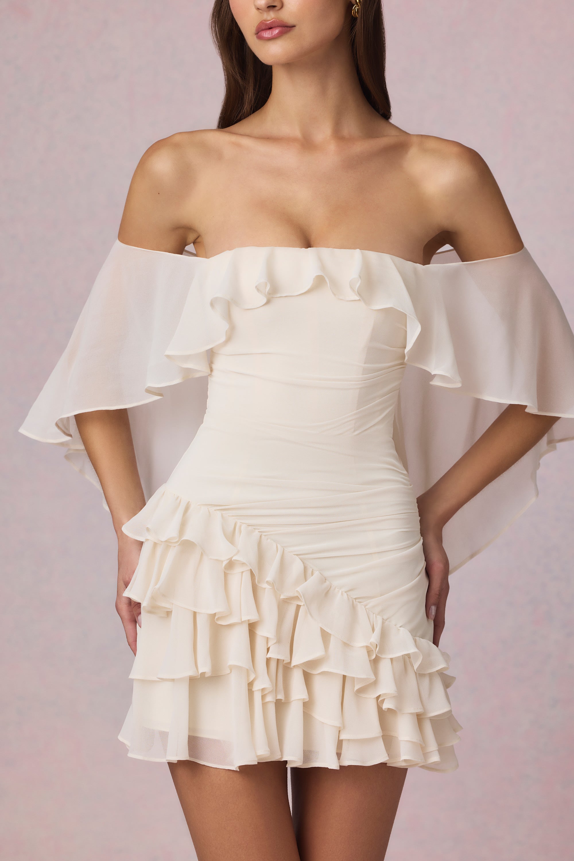 Off-Shoulder Ruffled Mini Dress in Ivory