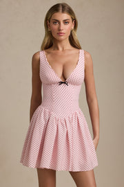 Bow-Detail A-Line Mini Dress in Pink Polka Dot