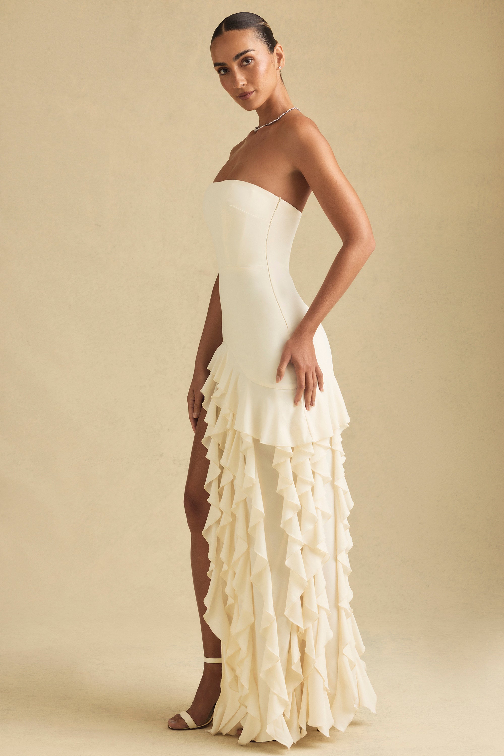 Ruffle-Trim Strapless Gown in Ivory