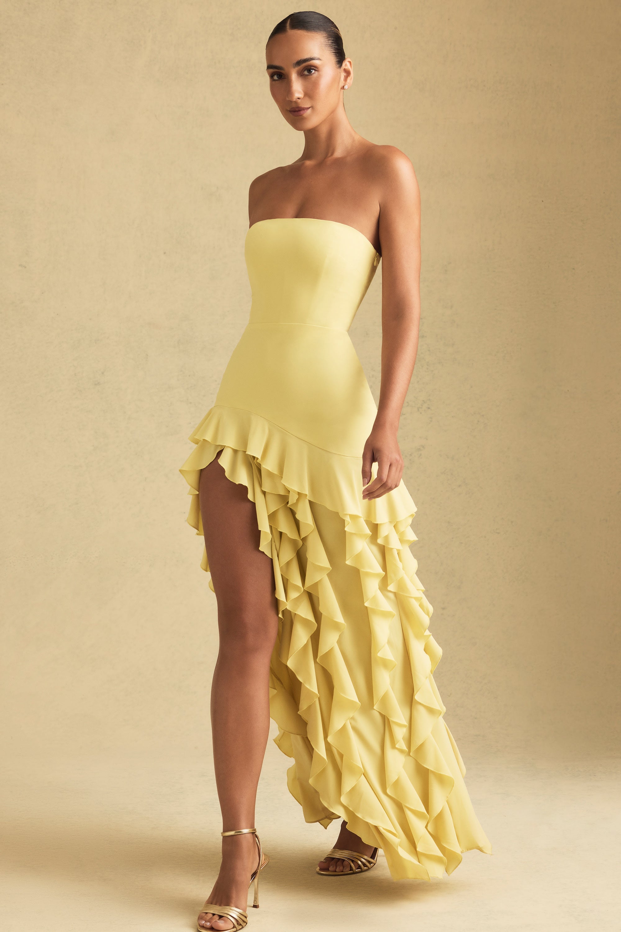 Ruffle-Trim Strapless Gown in Pastel Yellow