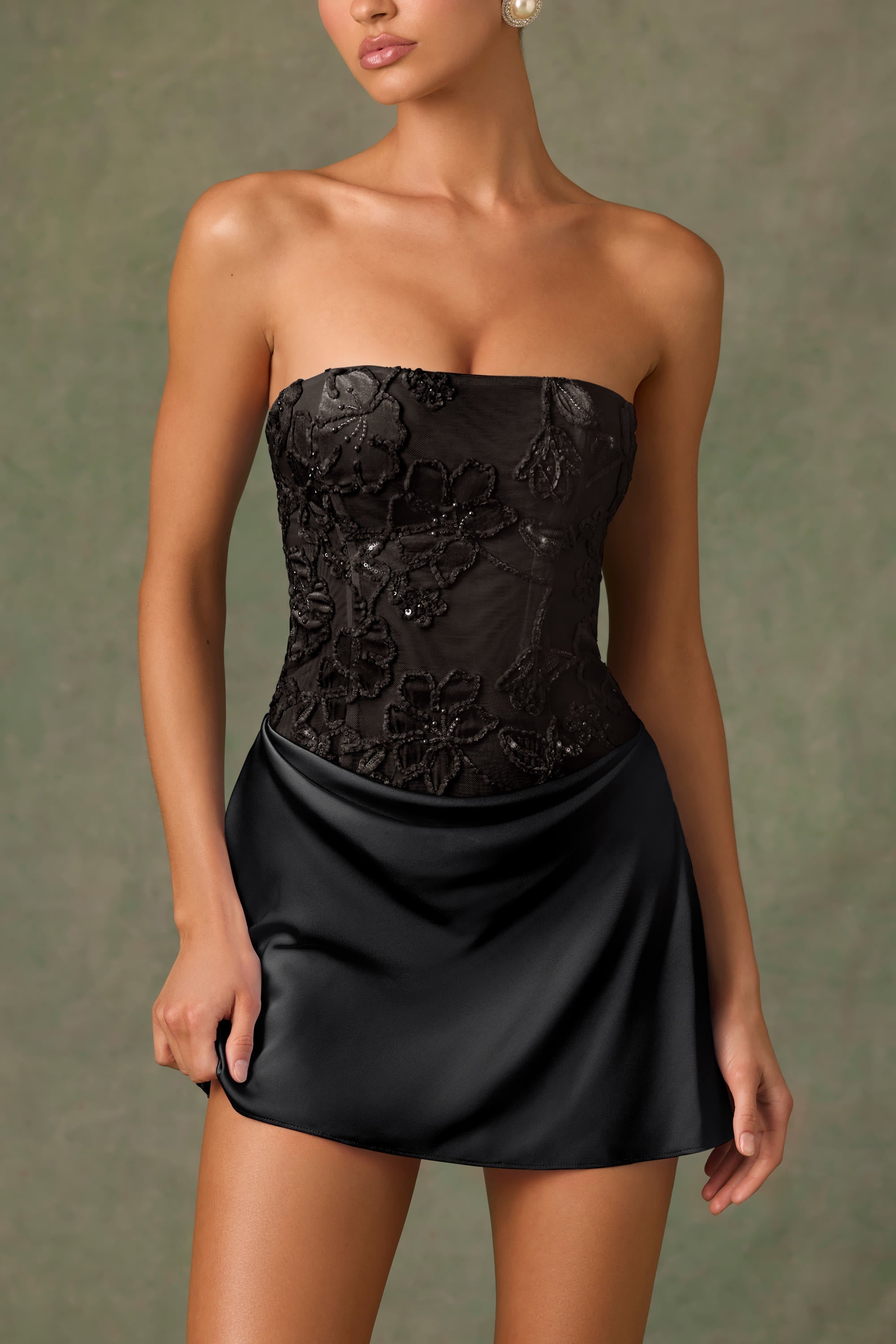 Embellished Draped Strapless A-Line Mini Dress in Black