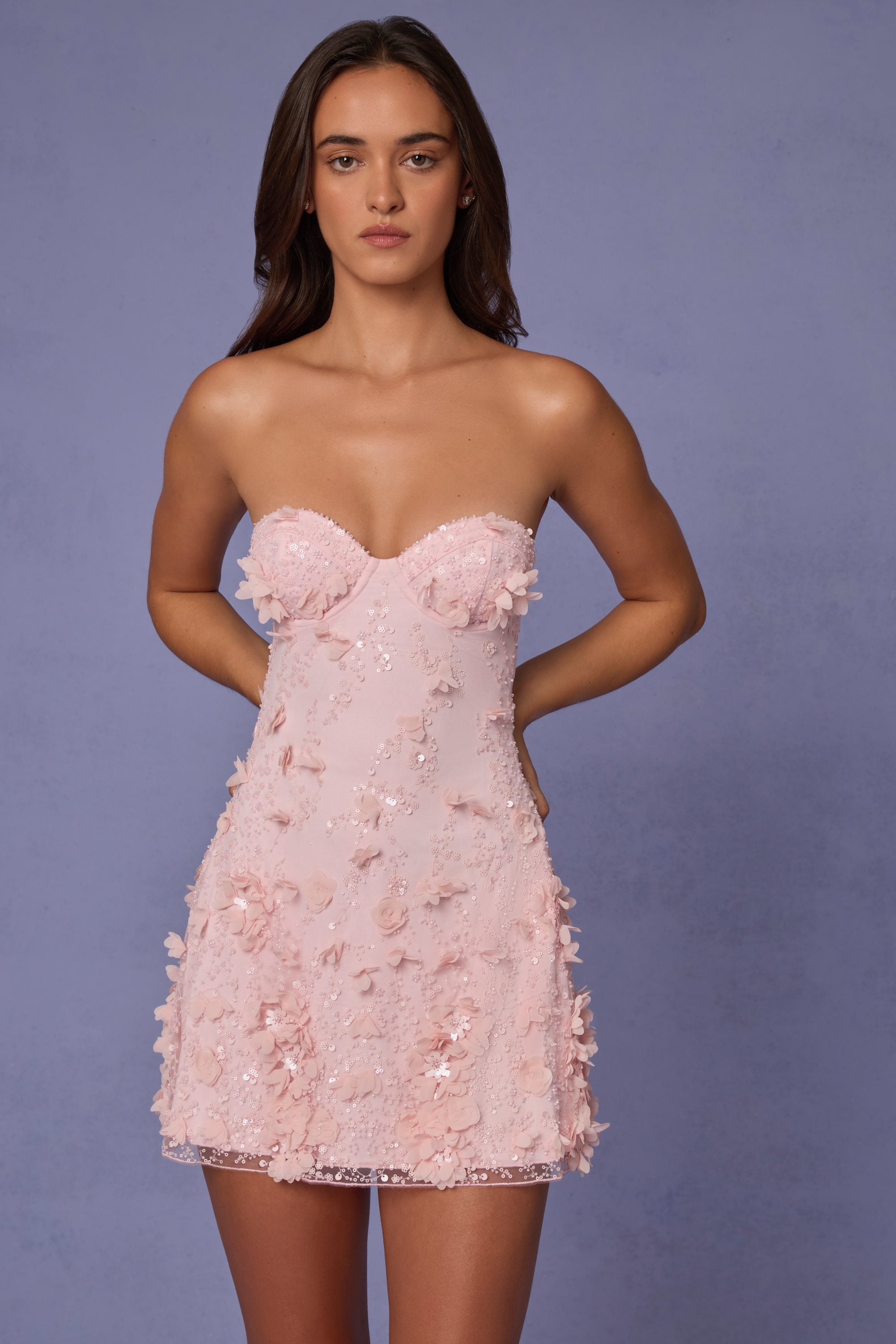 Embellished Bandeau A-line Mini Dress in Soft Pink