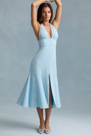Halterneck Midaxi Dress in Blue Flower Print