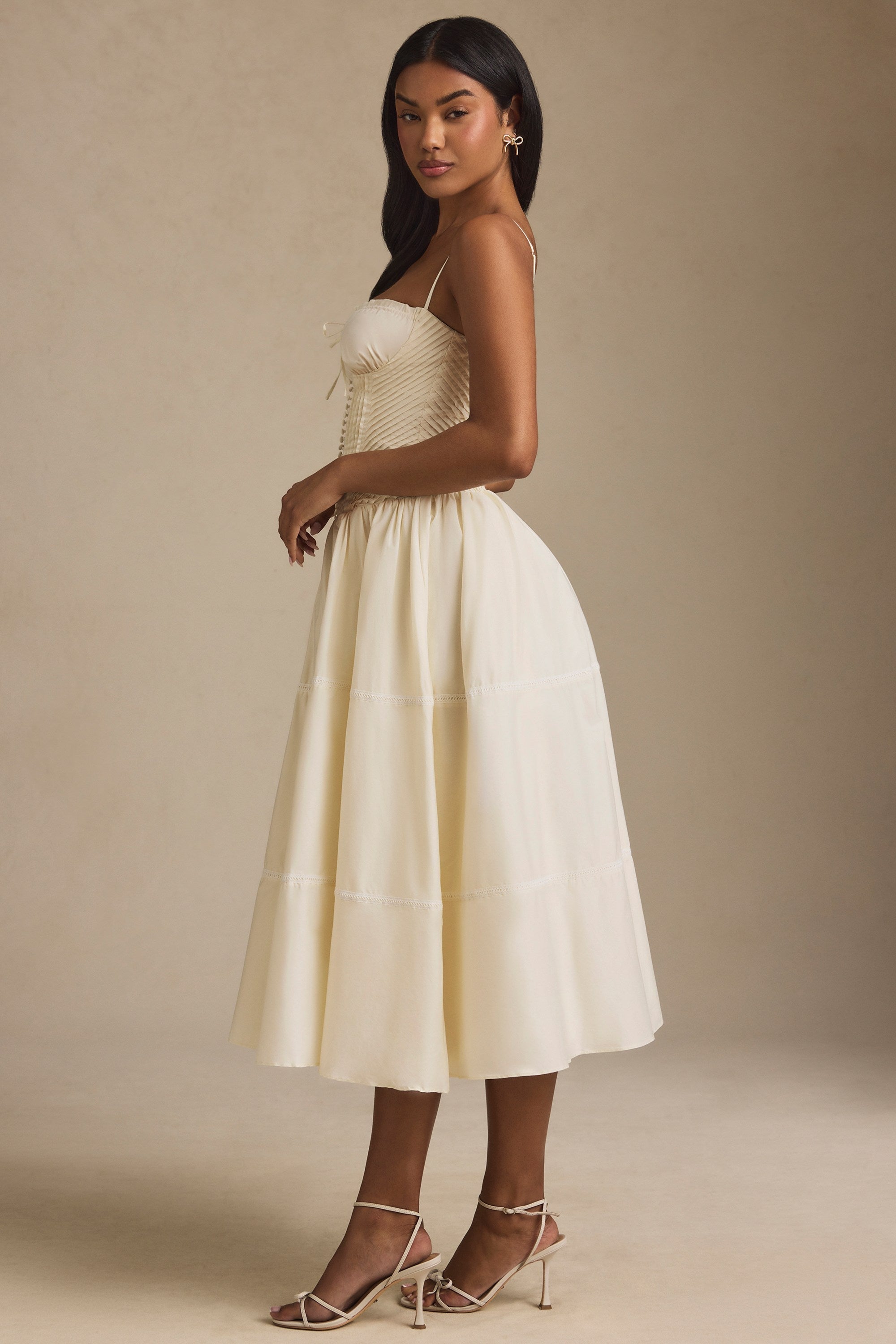 Lace-Trim Pintucked Poplin Midaxi Dress in Ivory