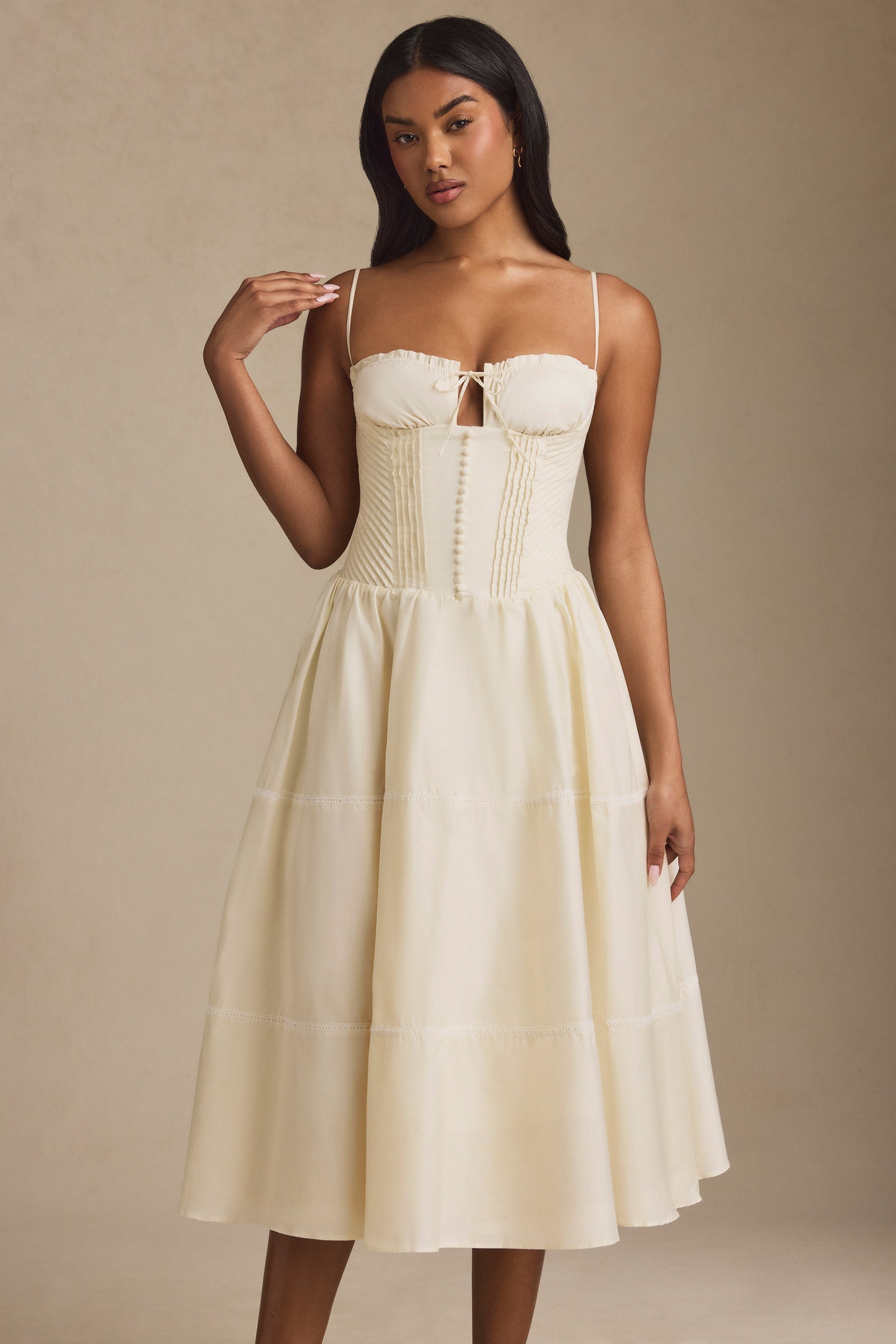 Lace-Trim Pintucked Poplin Midaxi Dress in Ivory