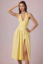 Broderie Anglaise Halterneck Midaxi Dress in Lemon Yellow