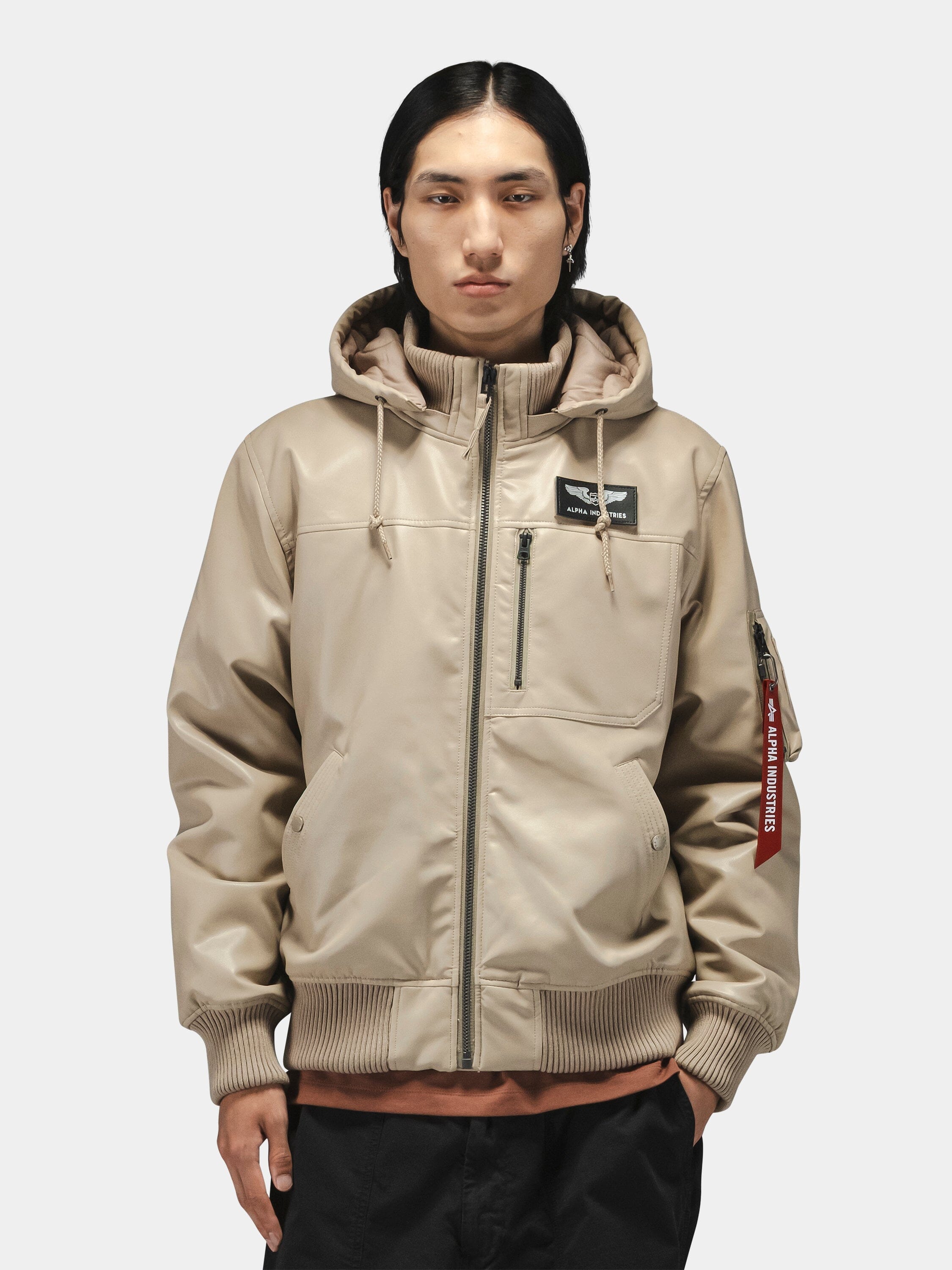 FAUX LEATHER HOODED RIB FLIGHT JACKET