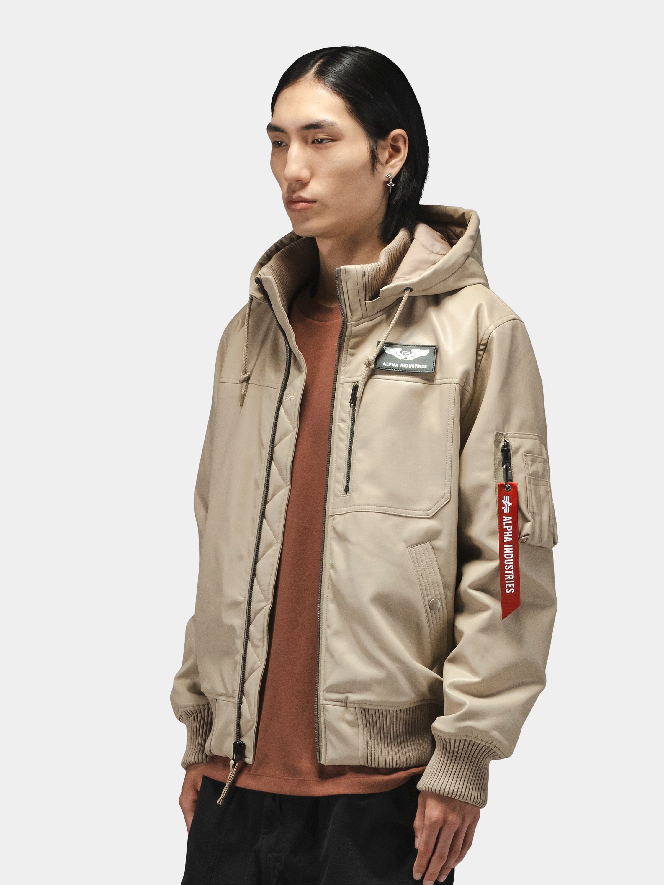 FAUX LEATHER HOODED RIB FLIGHT JACKET