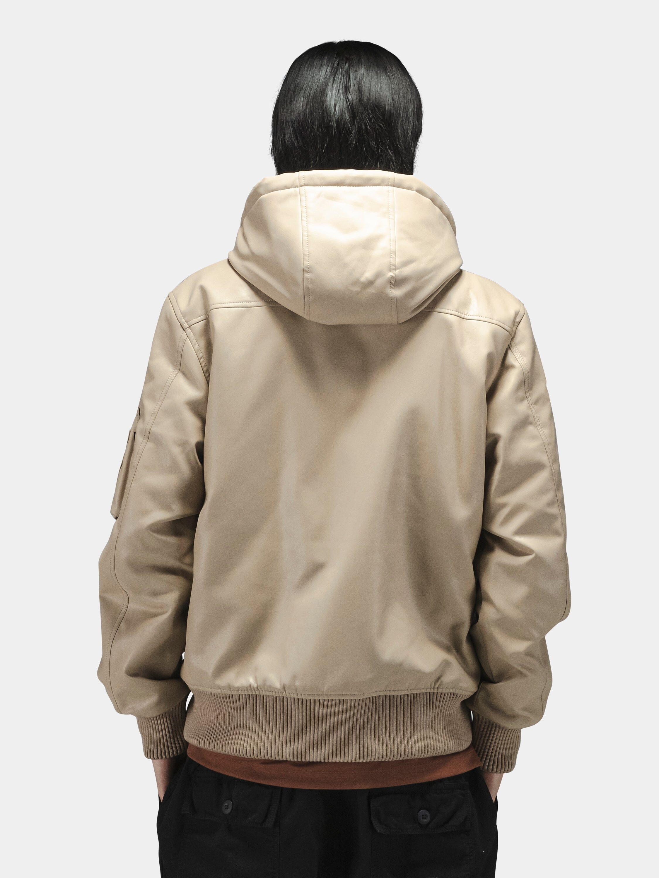 FAUX LEATHER HOODED RIB FLIGHT JACKET