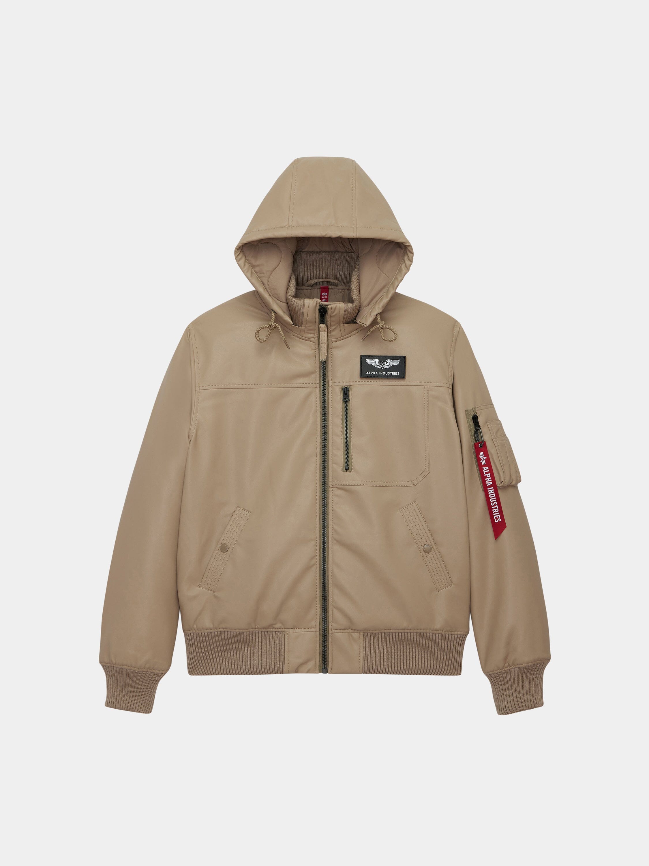 FAUX LEATHER HOODED RIB FLIGHT JACKET