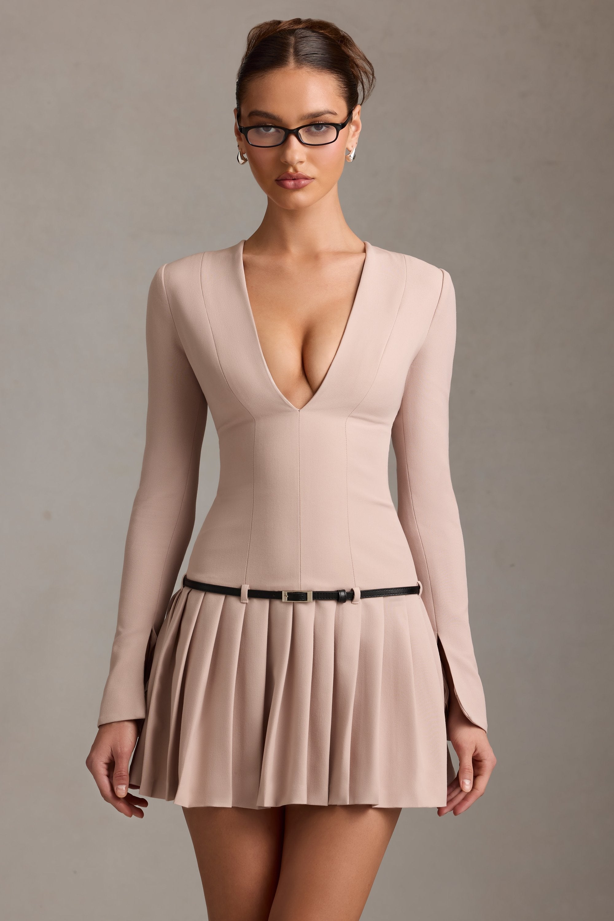 Long-Sleeve Pleated Mini Dress in Mushroom