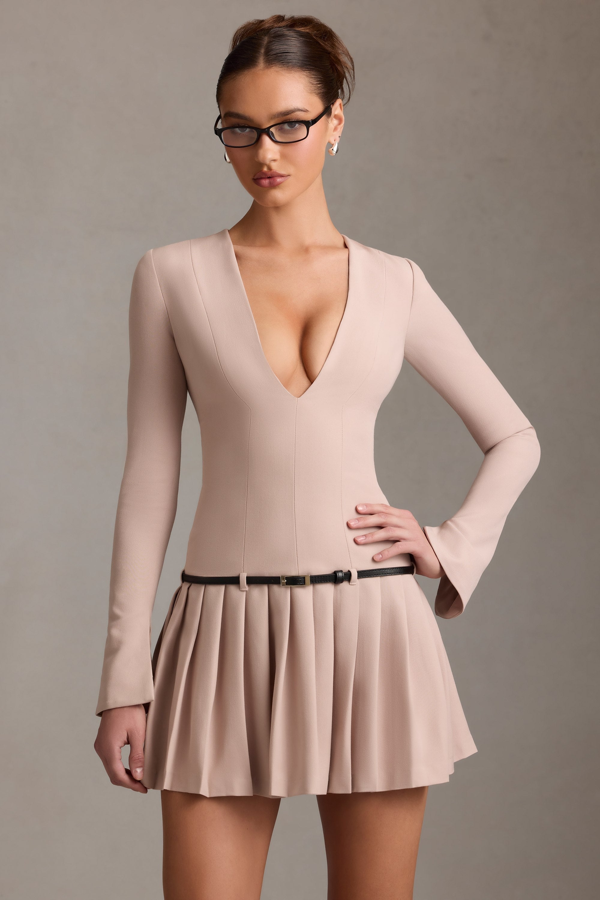 Long-Sleeve Pleated Mini Dress in Mushroom