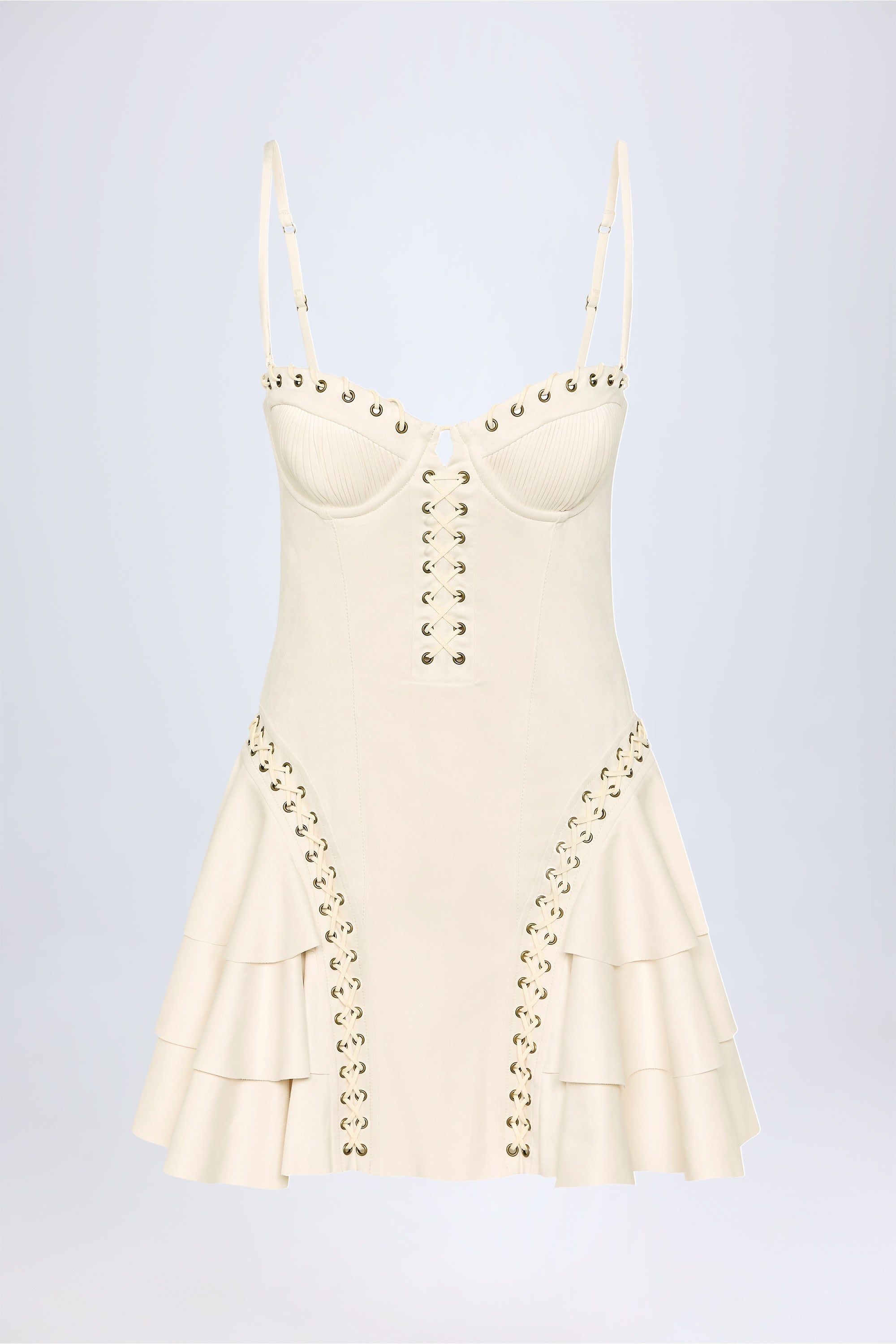 Lace-Up Tiered Corset Mini Dress in Ivory