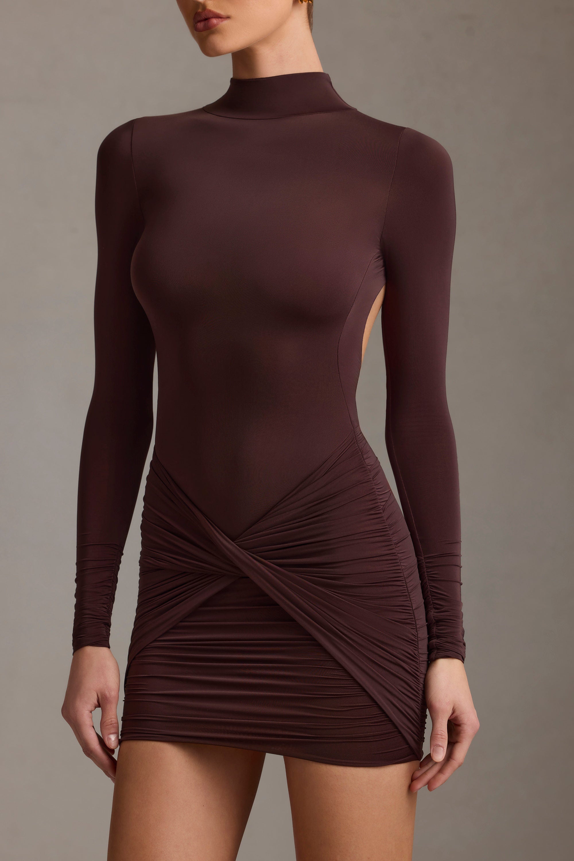 Ruched Backless Turtleneck Mini Dress in Chocolate Brown