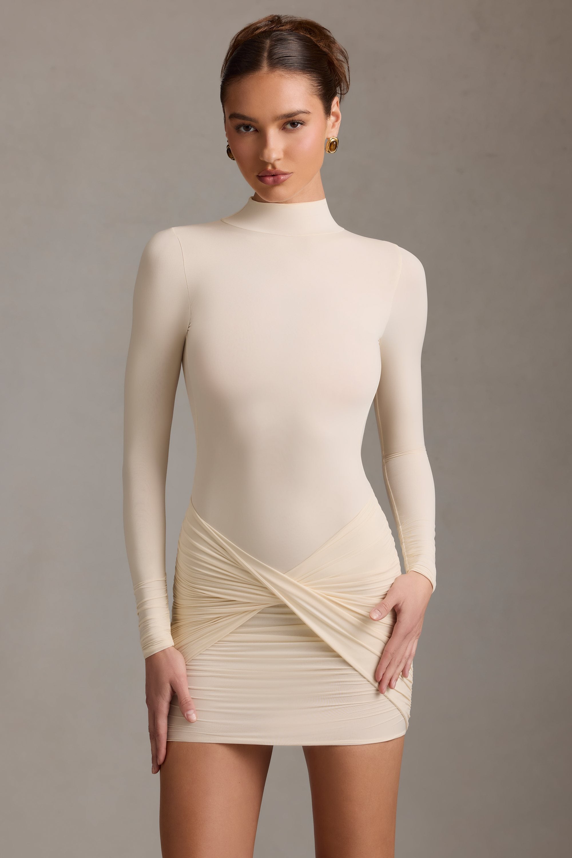 Ruched Backless Turtleneck Mini Dress in Ivory