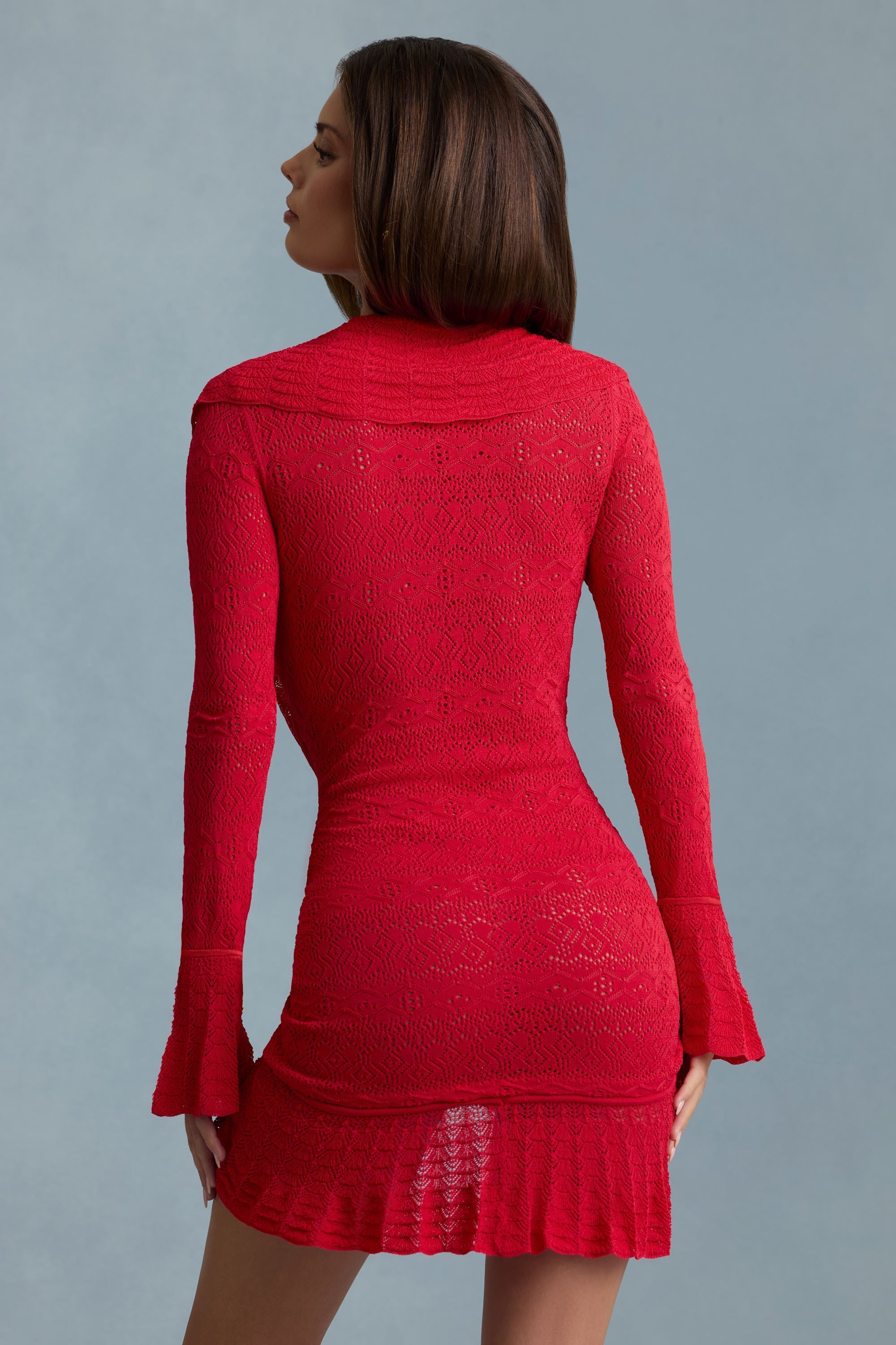 Ruffle-Trim Pointelle-Knit Mini Dress in Scarlet Red