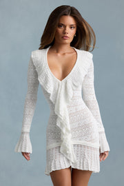Ruffle-Trim Pointelle-Knit Mini Dress in White