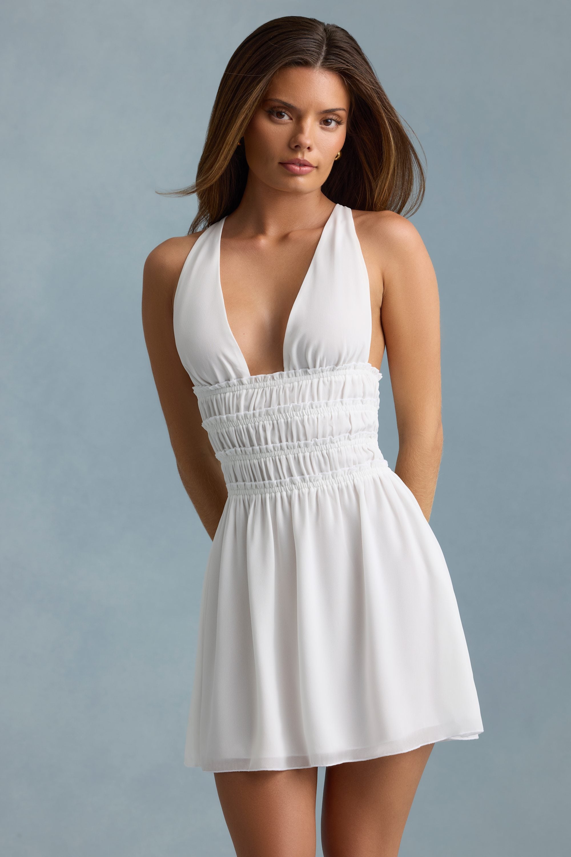 Plunge Cross-Back Mini Dress in White