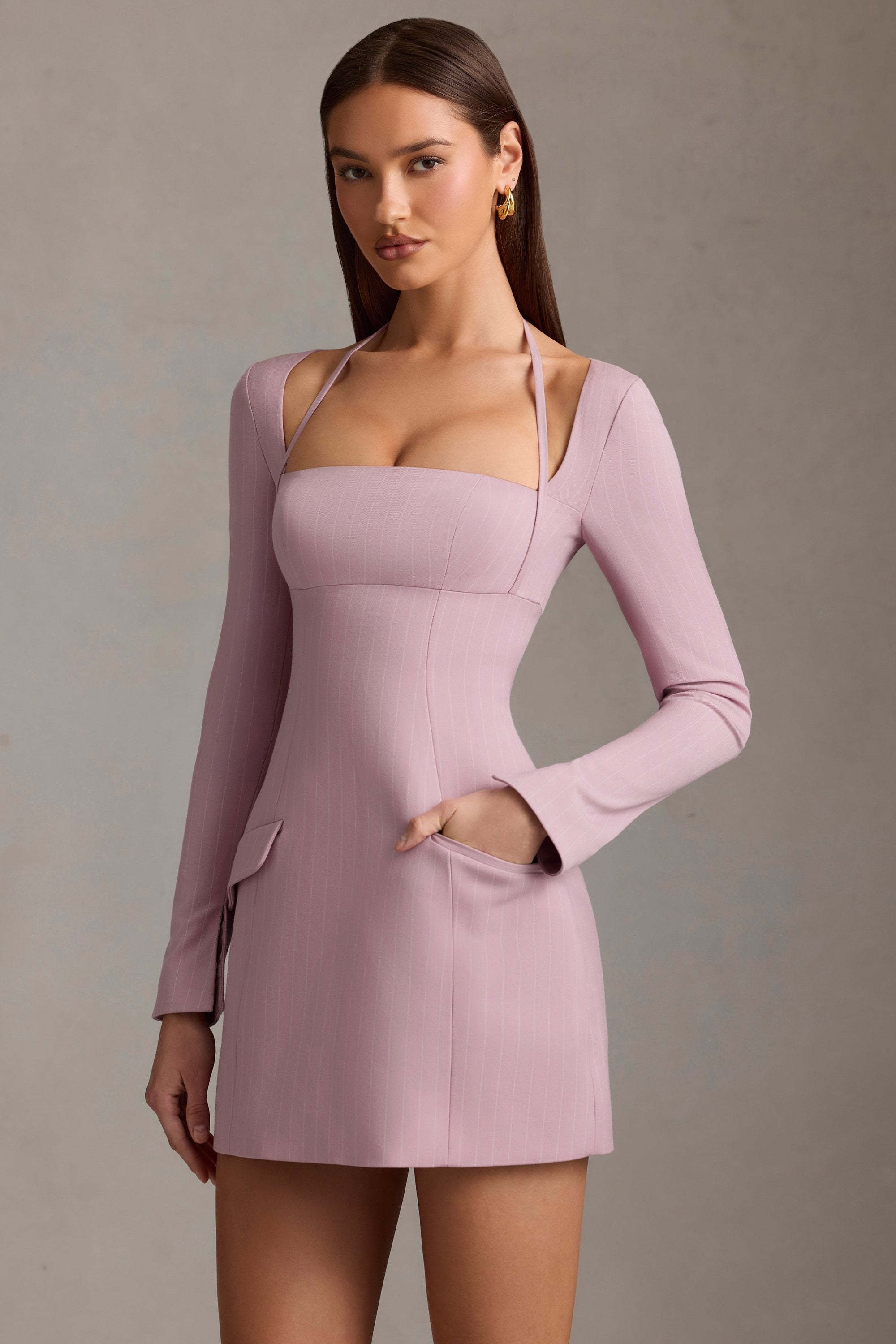 Pinstripe Structured A-Line Mini Dress in Mauve