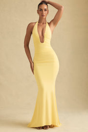 Ruched Backless Halterneck Gown in Pastel Yellow