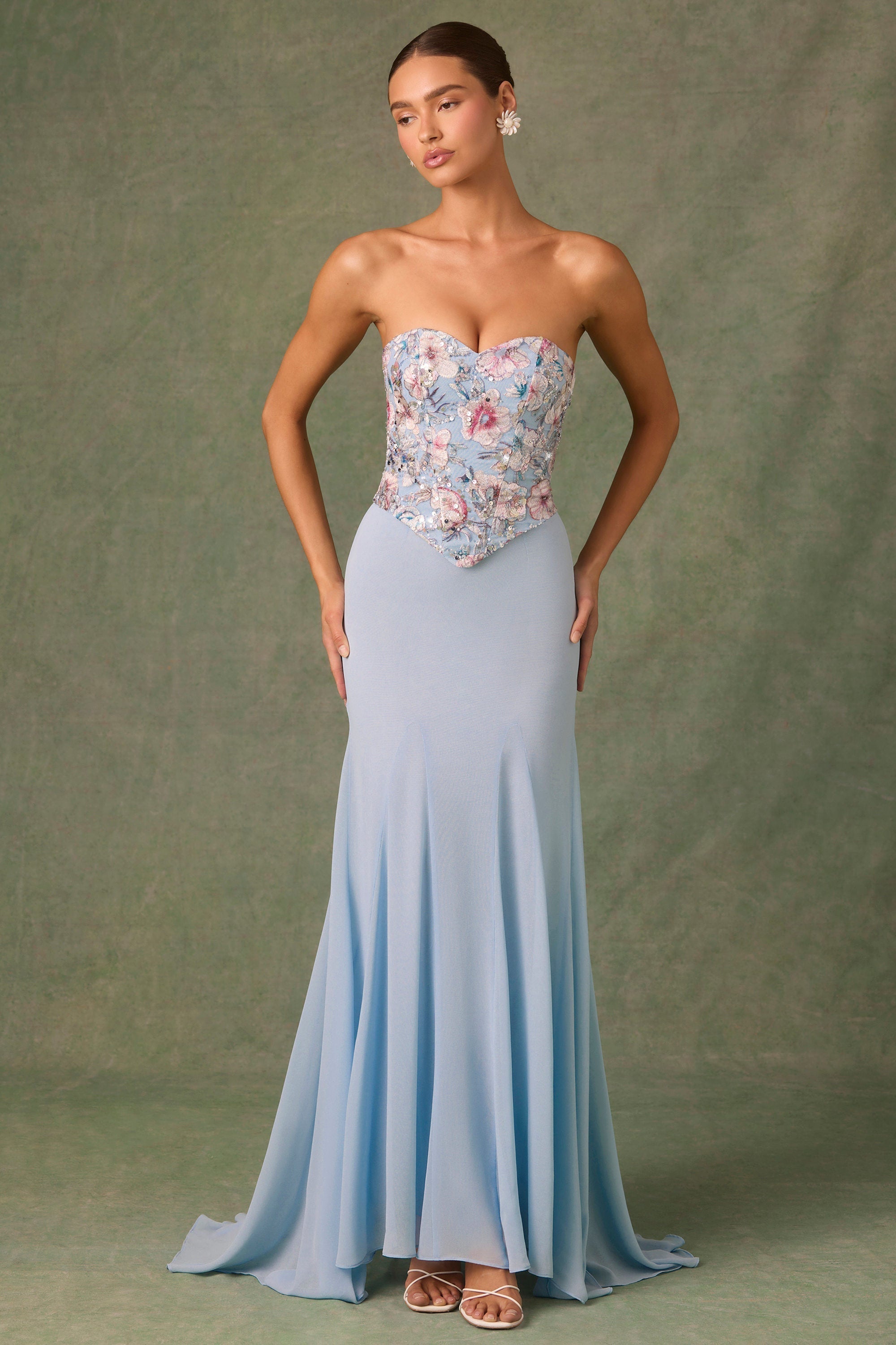 Embellished Corset Fishtail Gown in Floral Blue