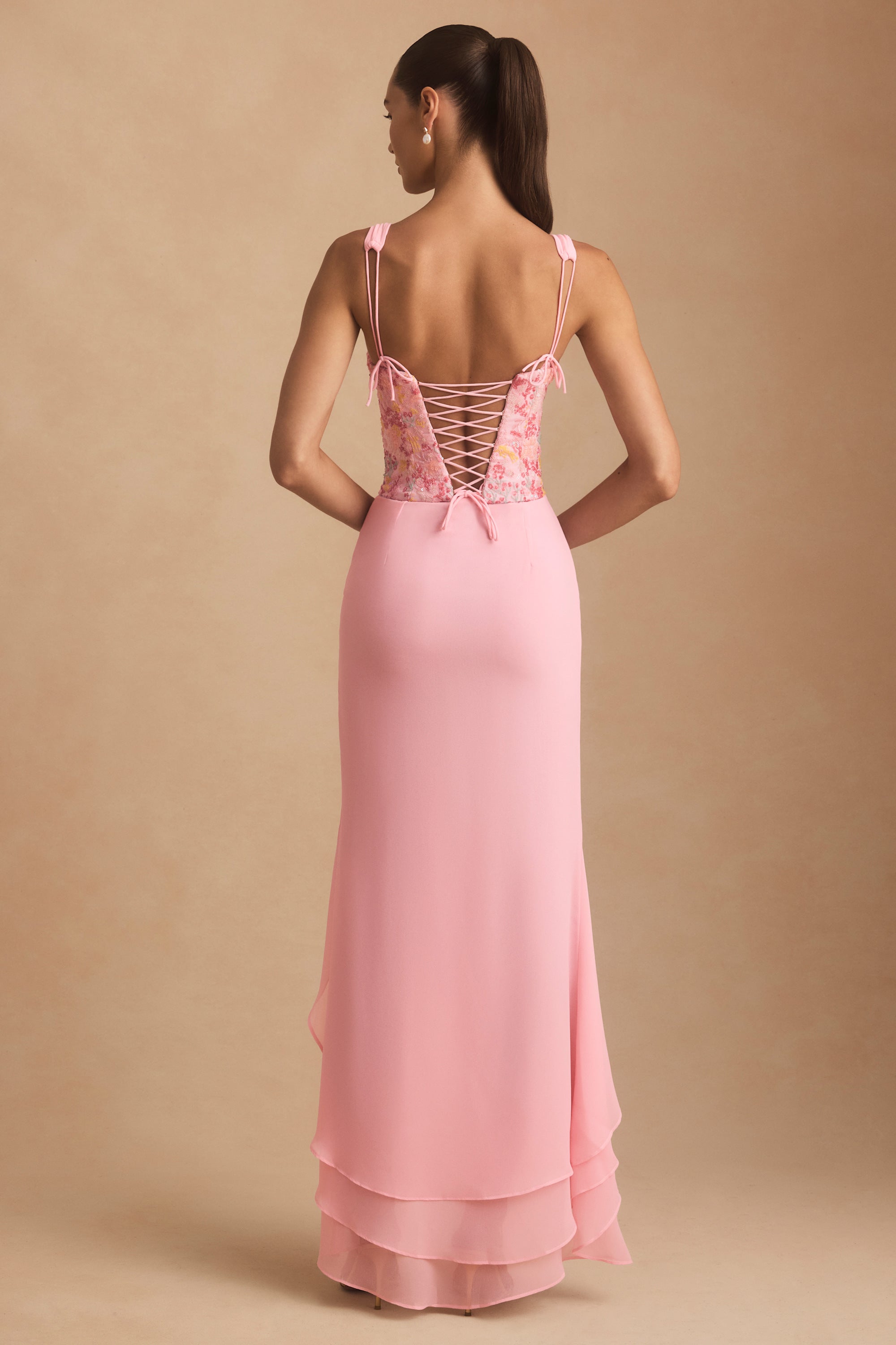 Embellished Plunge Ruffled Corset Maxi Dress in Pink