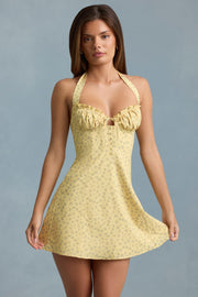 Halterneck A-Line Mini Dress in Yellow Flower Print