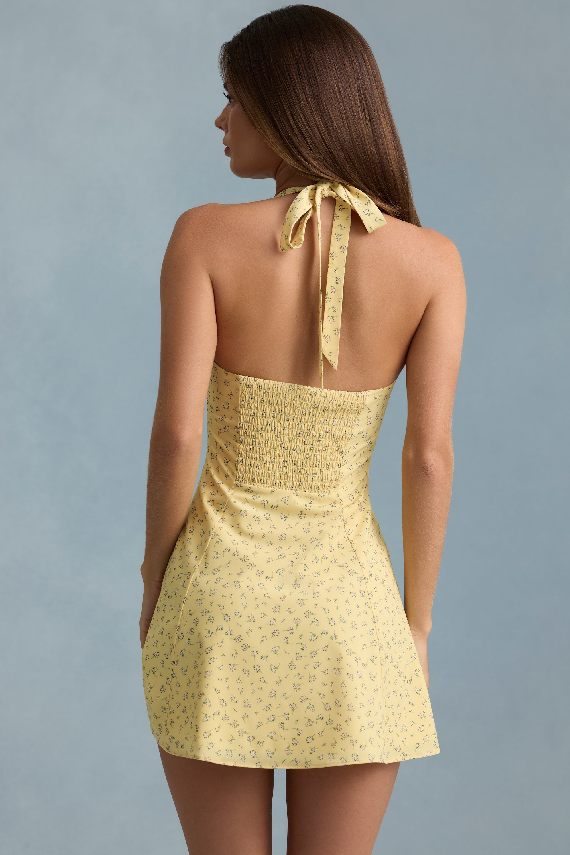 Halterneck A-Line Mini Dress in Yellow Flower Print