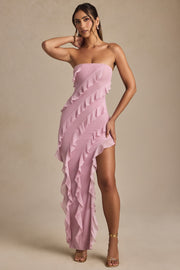 Bandeau Ruffle Detail Maxi Dress in Dusty Pink