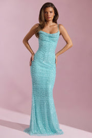 Embellished Cowl-Neck Backless Maxi Dress in Aqua Blue